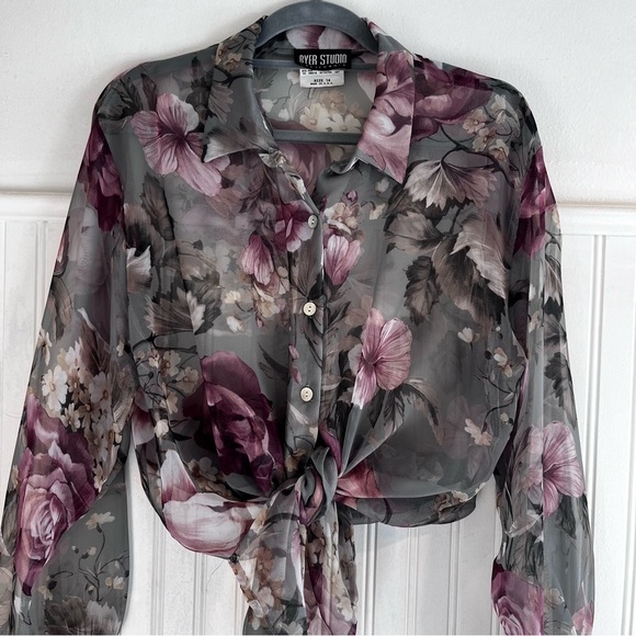 Vintage Byer Studio Sheer Floral Button Up Women’s 14 Cottage Core Green - Picture 4 of 10